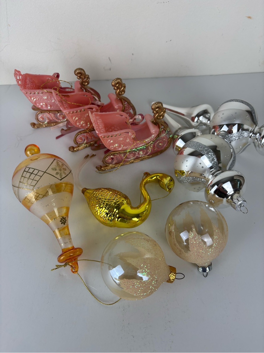 Vintage Pink Sleigh & Glass Holiday Ornaments 9-pc Collection